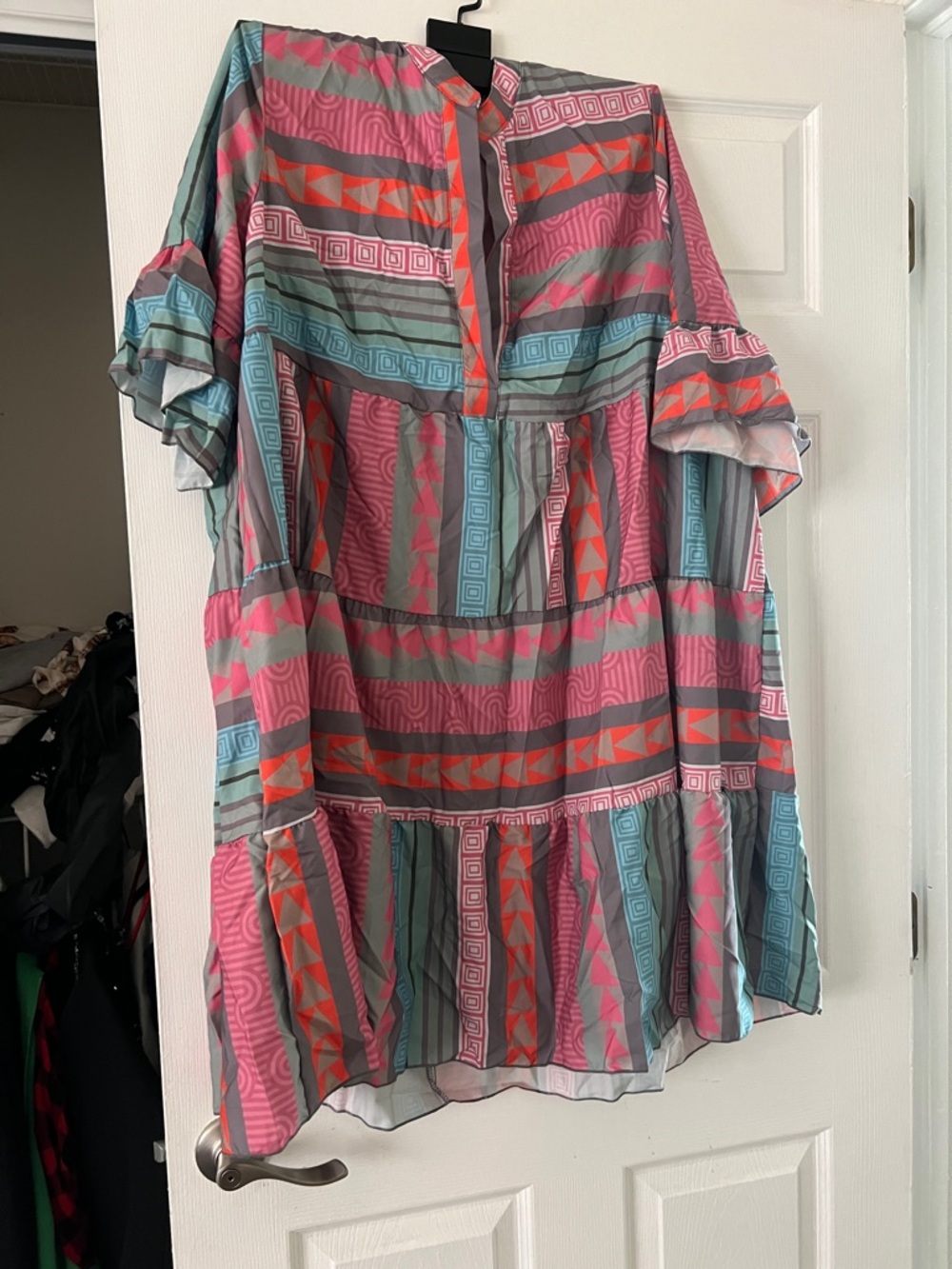 Boho Tiered Short Sleeve Dress in Pink and Teal